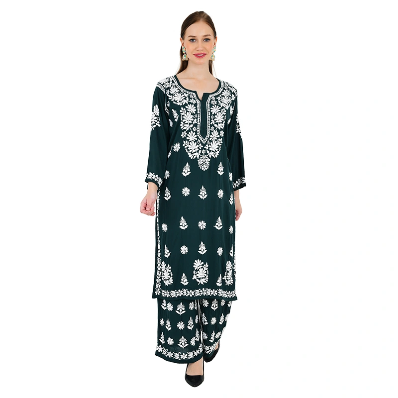 Female model in dark green embroidered ethnic suit - ecommerce model photography by Lohar Studio Delhi